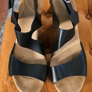 Eric Michael Black Leather Ginger Strappy Wedge Sandals
